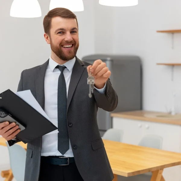 Guide du courtier immobilier à Montréal pour investir 3 Un homme en costume tient une clé et un clipboard, affichant une expression sérieuse et professionnelle.