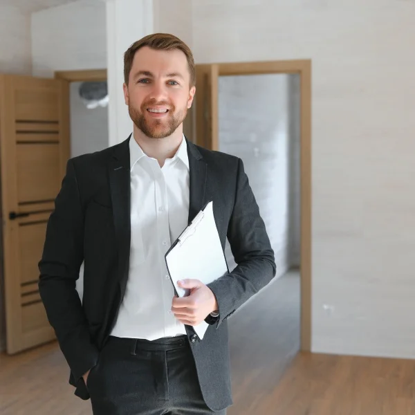 How to choose the right real estate agent in Montreal 2 A man in a suit stands in an empty room, holding a folder and looking thoughtfully ahead.