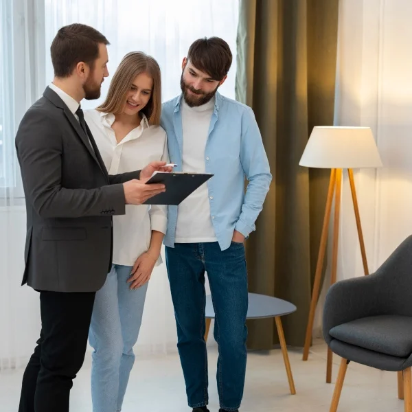 Three individuals stand in a room, one holding a clipboard, engaged in discussion or review.